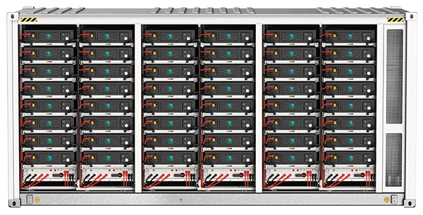 Batteries_Interior_6RacksBS_AU_600 Internal view of the battery packs inside a battery energy storage system container, Australian with red wiring