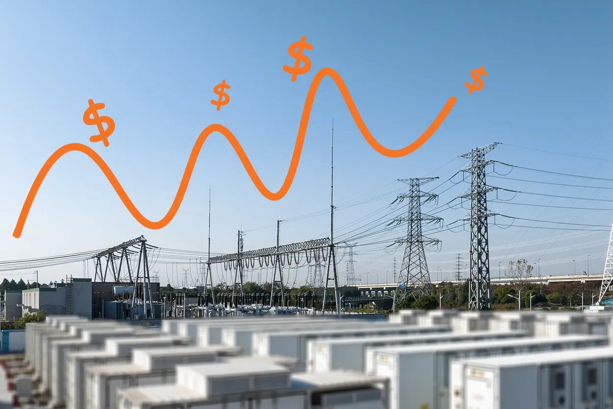 Switchyard with curve line and dollars symbolising costs higher than BESS