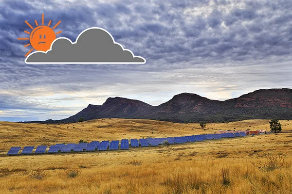 An Australian solar farm with cartoon clouds blocking the son, symbolising how battery energy storage (BESS) is needed